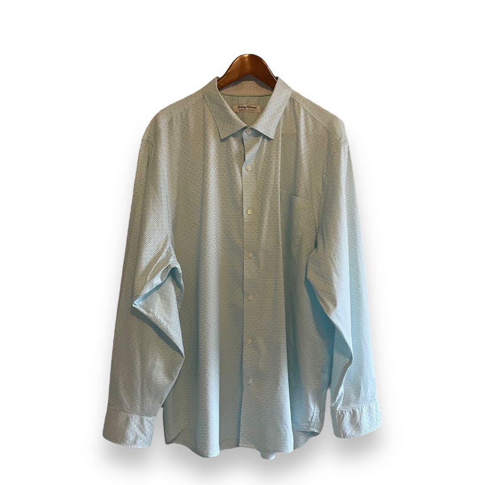 Tommy Bahama Sarasota Stretch Shirt Mens XXL Blue White Striped Long Sleeve L/S